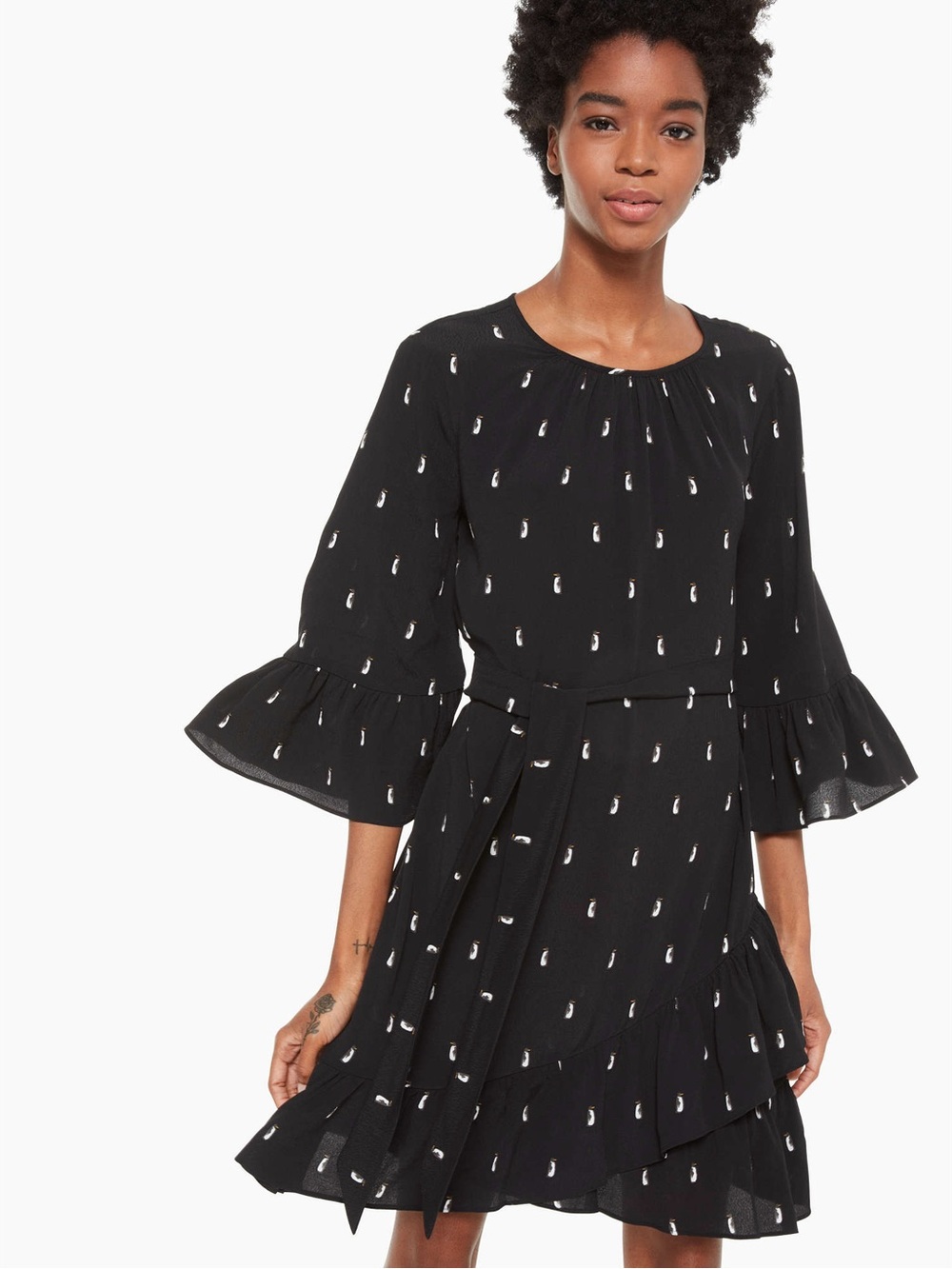 Kate Spade Black Printed Ruffle-Sleeve Dress. Size Medium